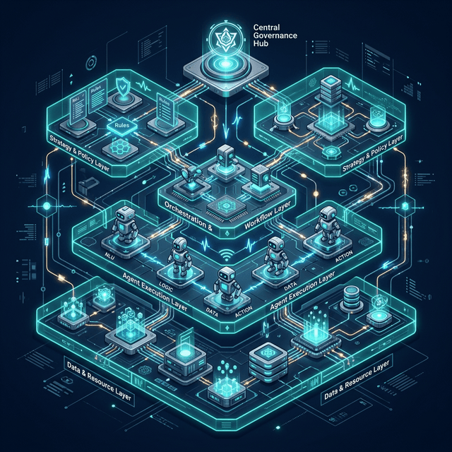 Human and AI orchestration architectural domain visual