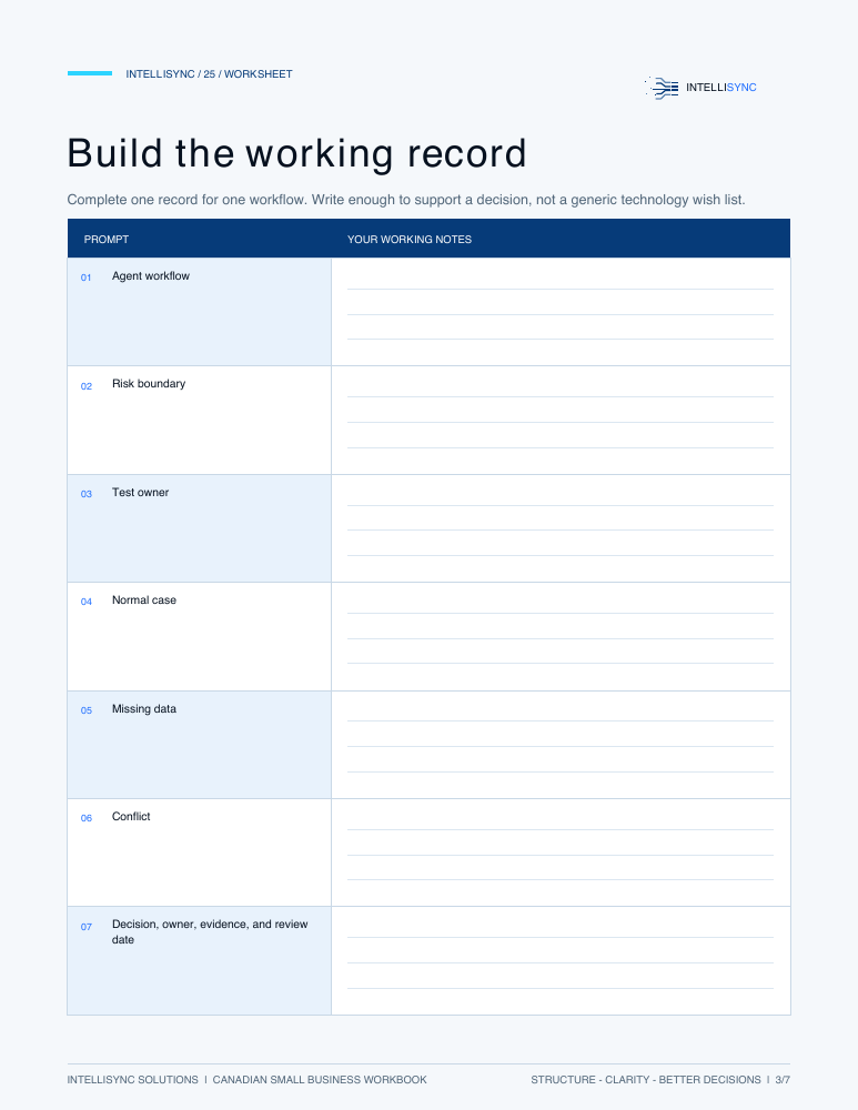 Actual working-record worksheet from the Agent Testing Scenario Pack, page 3 of 7.
